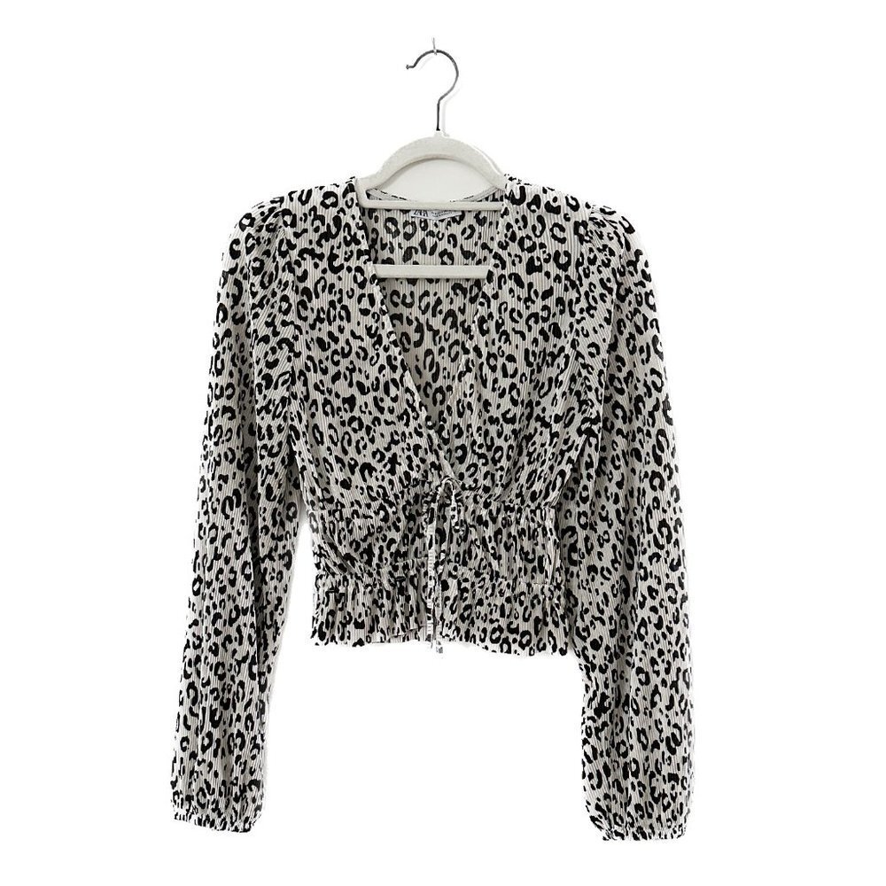 ZARA Black and White Animal Print Pleated Wrap Top - Women's Size Small
